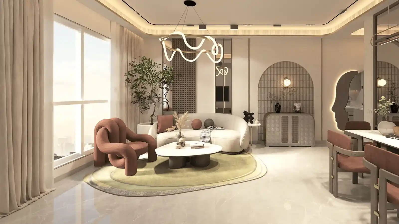 Spacious living room design inside a modern apartment at Provident Sunworth City, Bengaluru